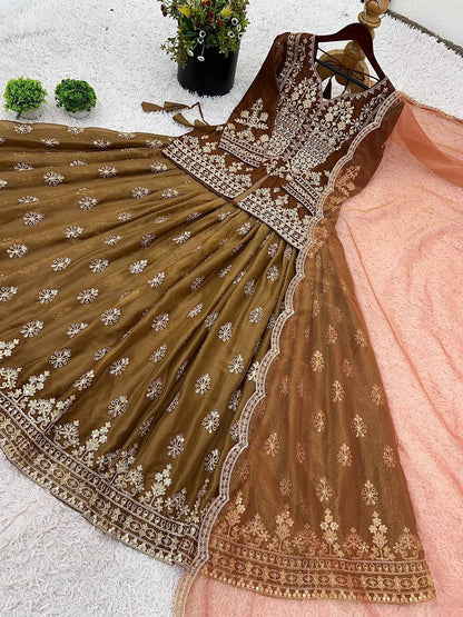 Light brown Designer Star Georgette Embroidery Lehenga Suit and Dupatta