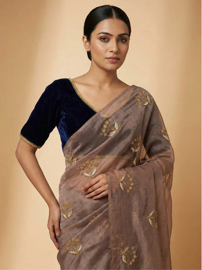 Light Brown Embroidered Organza Saree with Velvet Contrast Blouse