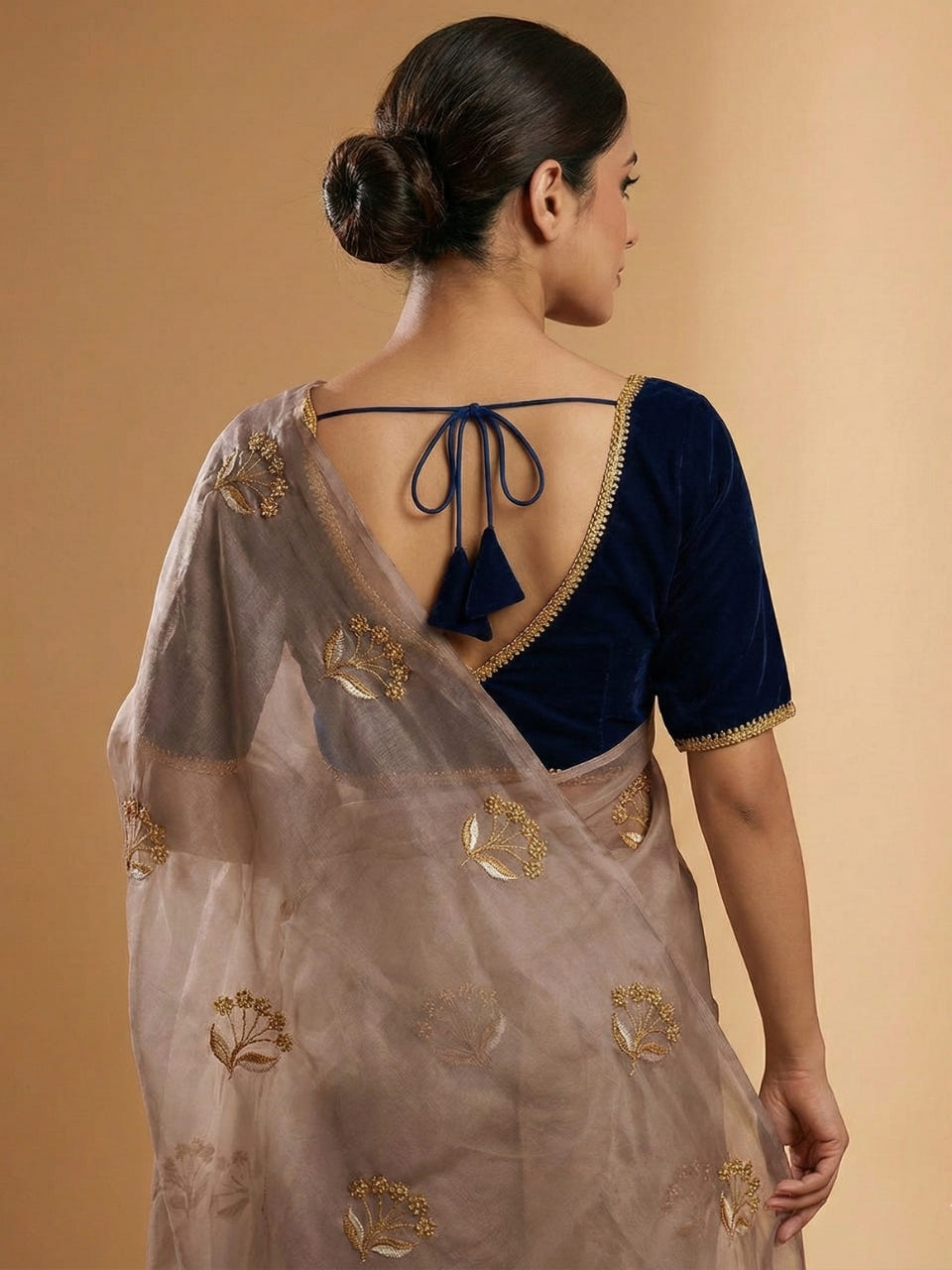 Light Brown Embroidered Organza Saree with Velvet Contrast Blouse