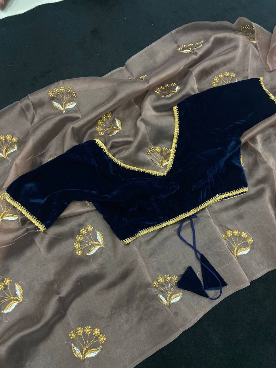 Light Brown Embroidered Organza Saree with Velvet Contrast Blouse