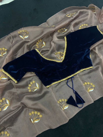 Light Brown Embroidered Organza Saree with Velvet Contrast Blouse