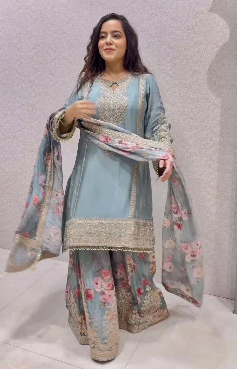 Light Grey Designer Chinon Silk Embroidered Plazzo Top and Dupatta Set