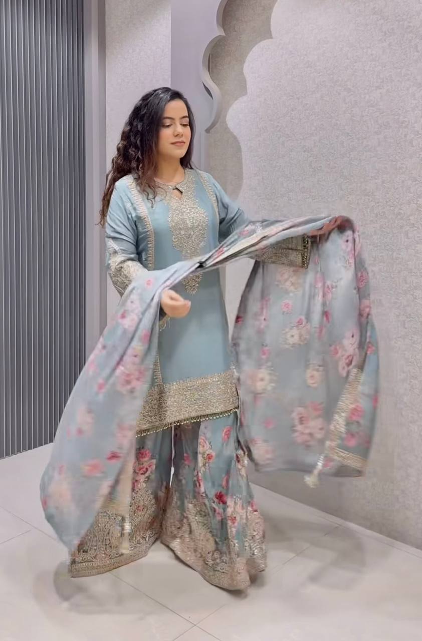 Light Grey Designer Chinon Silk Embroidered Plazzo Top and Dupatta Set