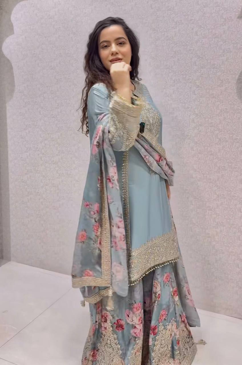 Light Grey Designer Chinon Silk Embroidered Plazzo Top and Dupatta Set