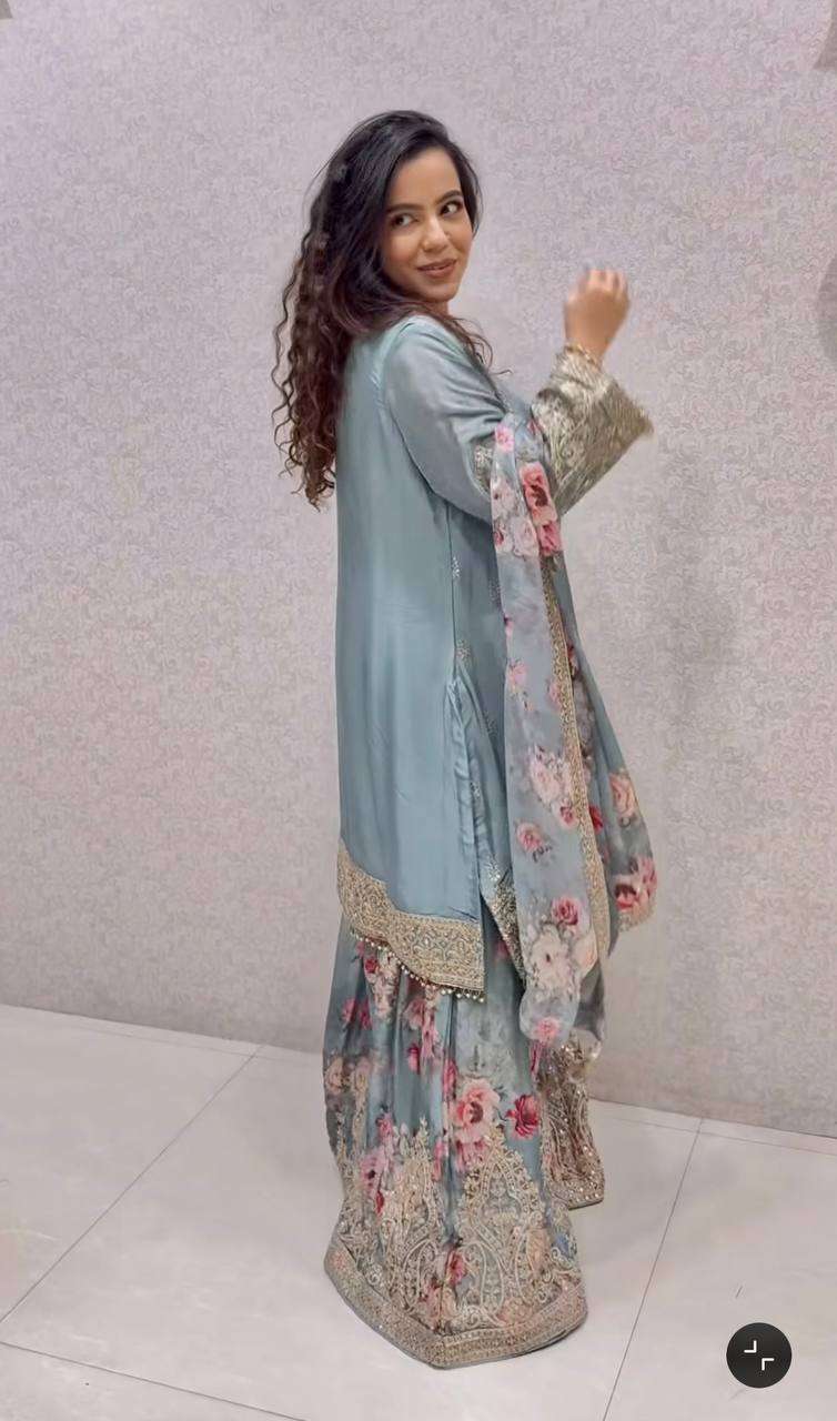 Light Grey Designer Chinon Silk Embroidered Plazzo Top and Dupatta Set