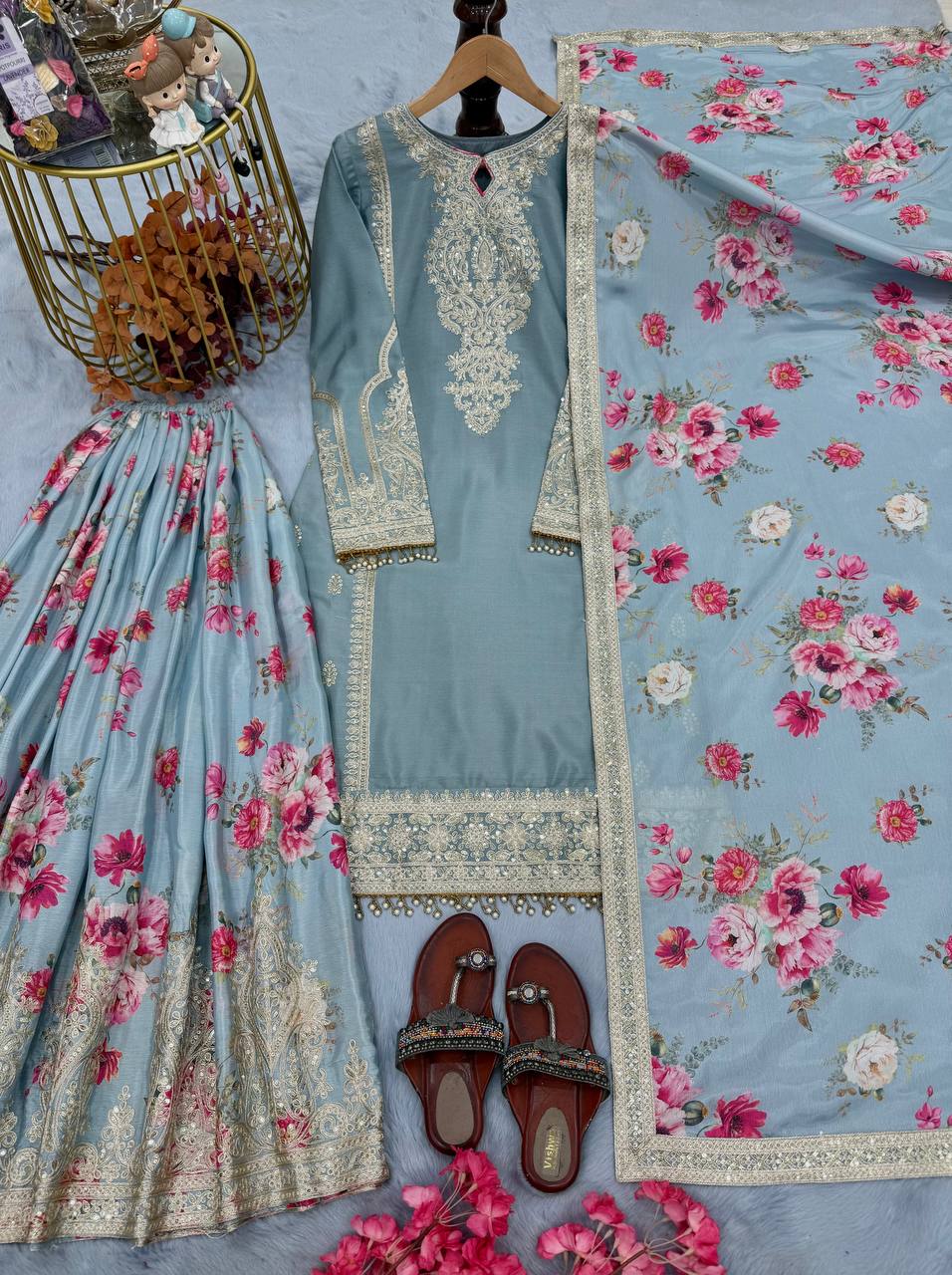 Light Grey Designer Chinon Silk Embroidered Plazzo Top and Dupatta Set