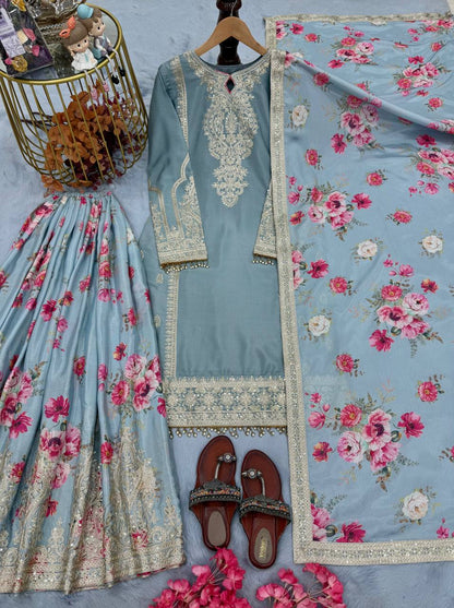 Light Grey Designer Chinon Silk Embroidered Plazzo Top and Dupatta Set