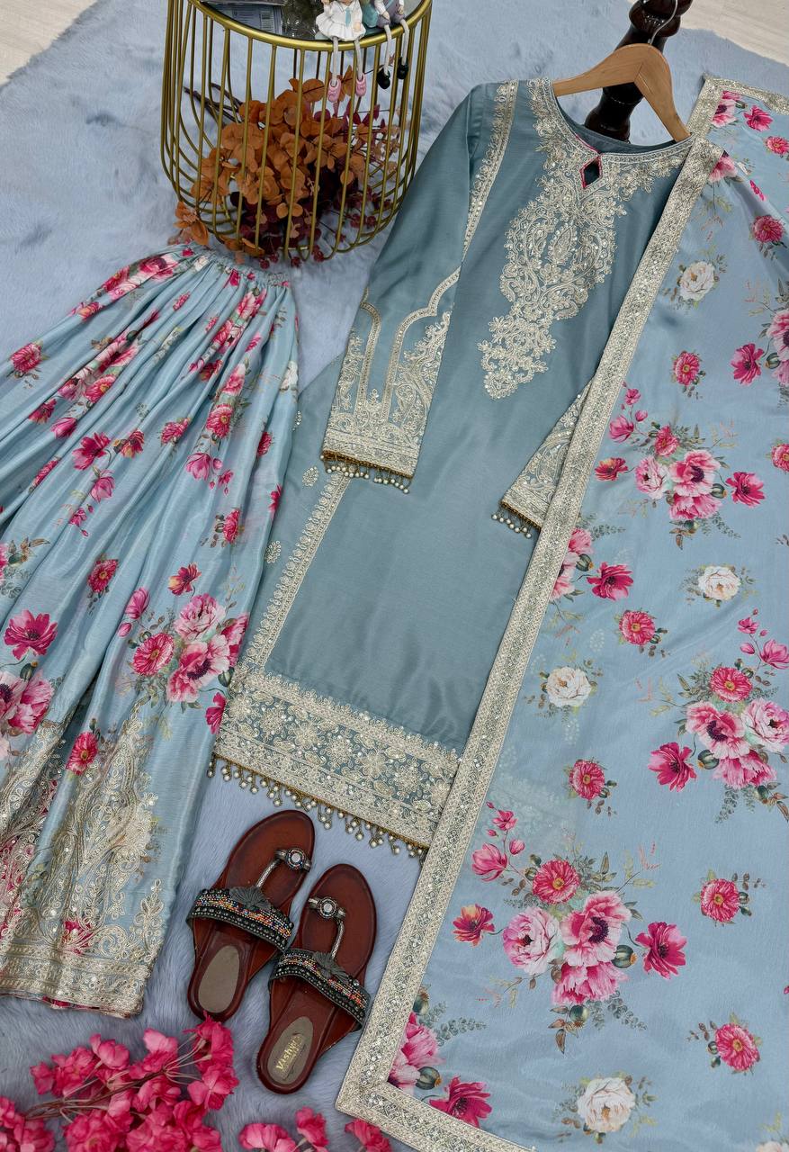Light Grey Designer Chinon Silk Embroidered Plazzo Top and Dupatta Set