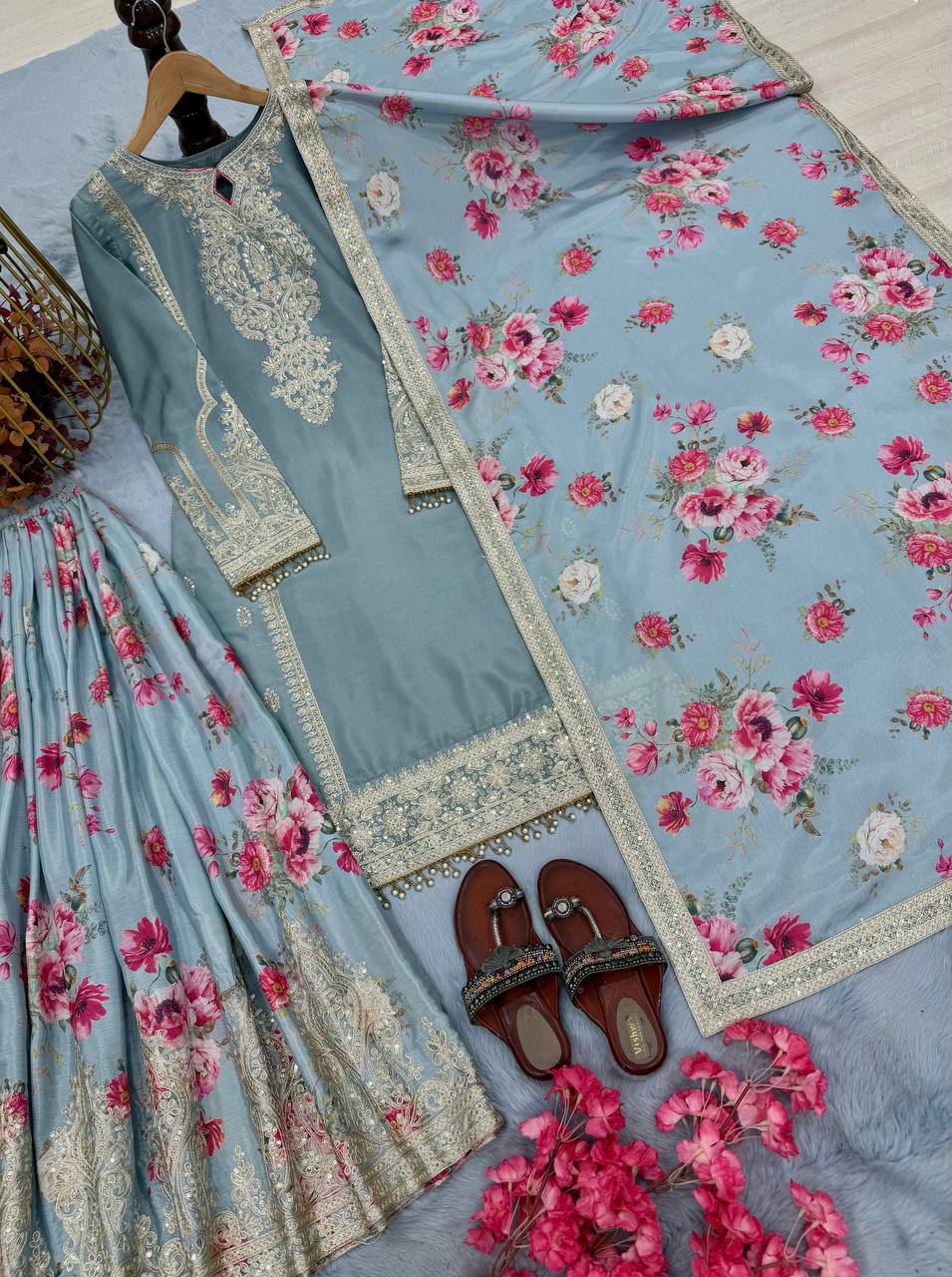 Light Grey Designer Chinon Silk Embroidered Plazzo Top and Dupatta Set