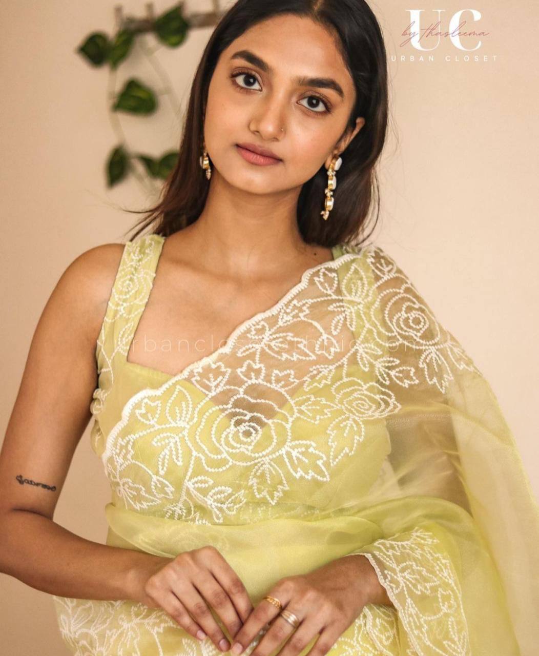 Light Mehndi Pure Organza Saree with White Embroidery Floral Border