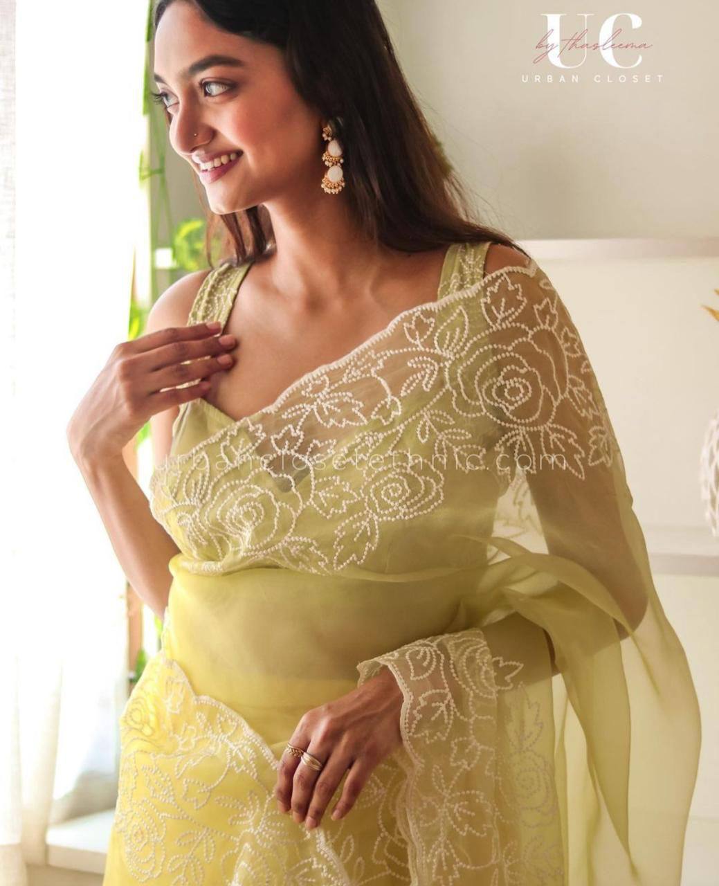 Light Mehndi Pure Organza Saree with White Embroidery Floral Border