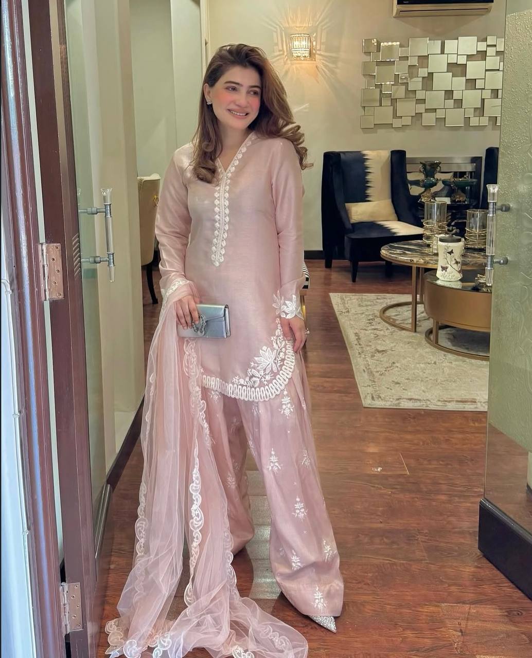 Light Pink Designer Natural Crepe Silk Top Farshi Pant and Dupatta