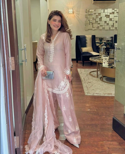 Light Pink Designer Natural Crepe Silk Top Farshi Pant and Dupatta