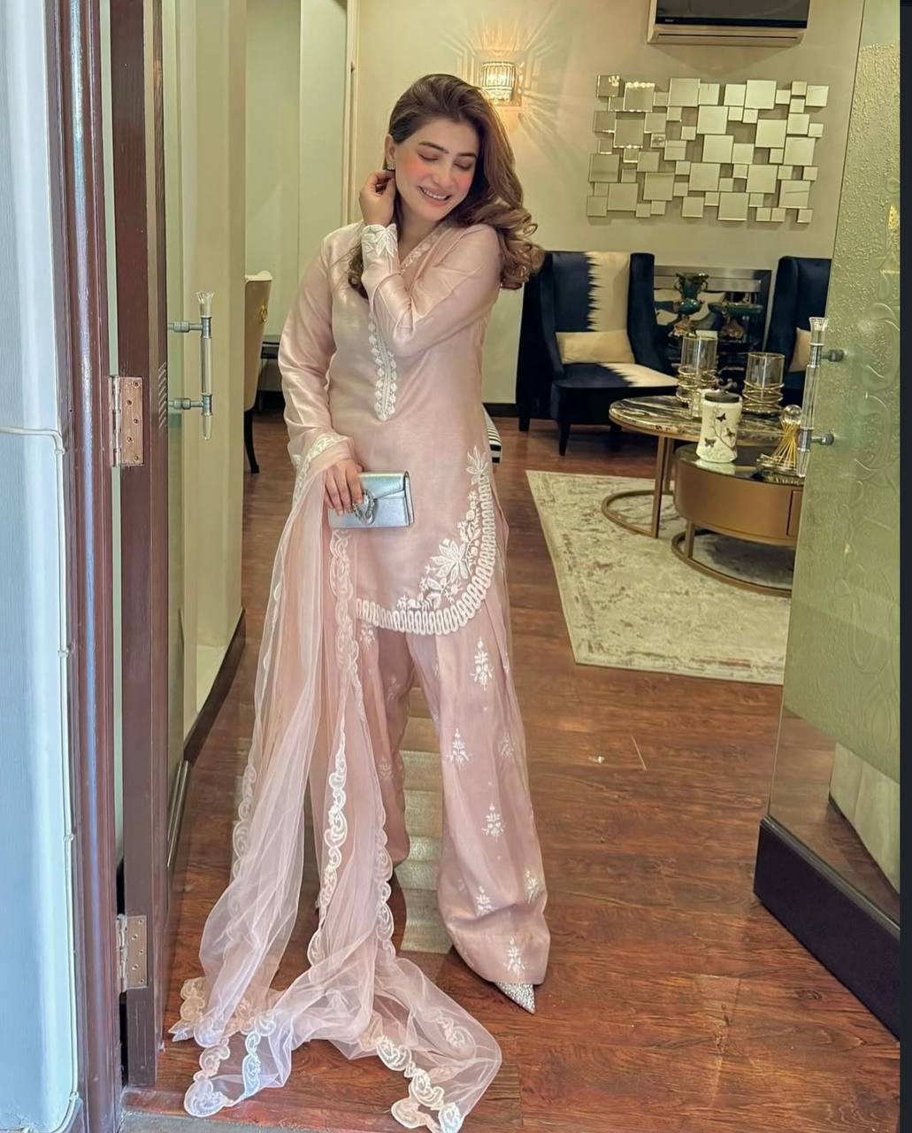 Light Pink Designer Natural Crepe Silk Top Farshi Pant and Dupatta