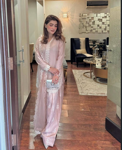 Light Pink Designer Natural Crepe Silk Top Farshi Pant and Dupatta