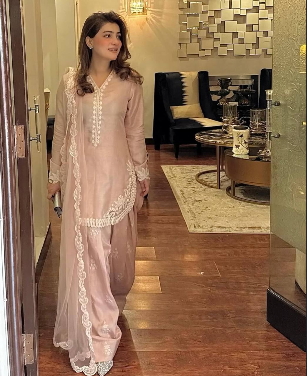 Light Pink Designer Natural Crepe Silk Top Farshi Pant and Dupatta