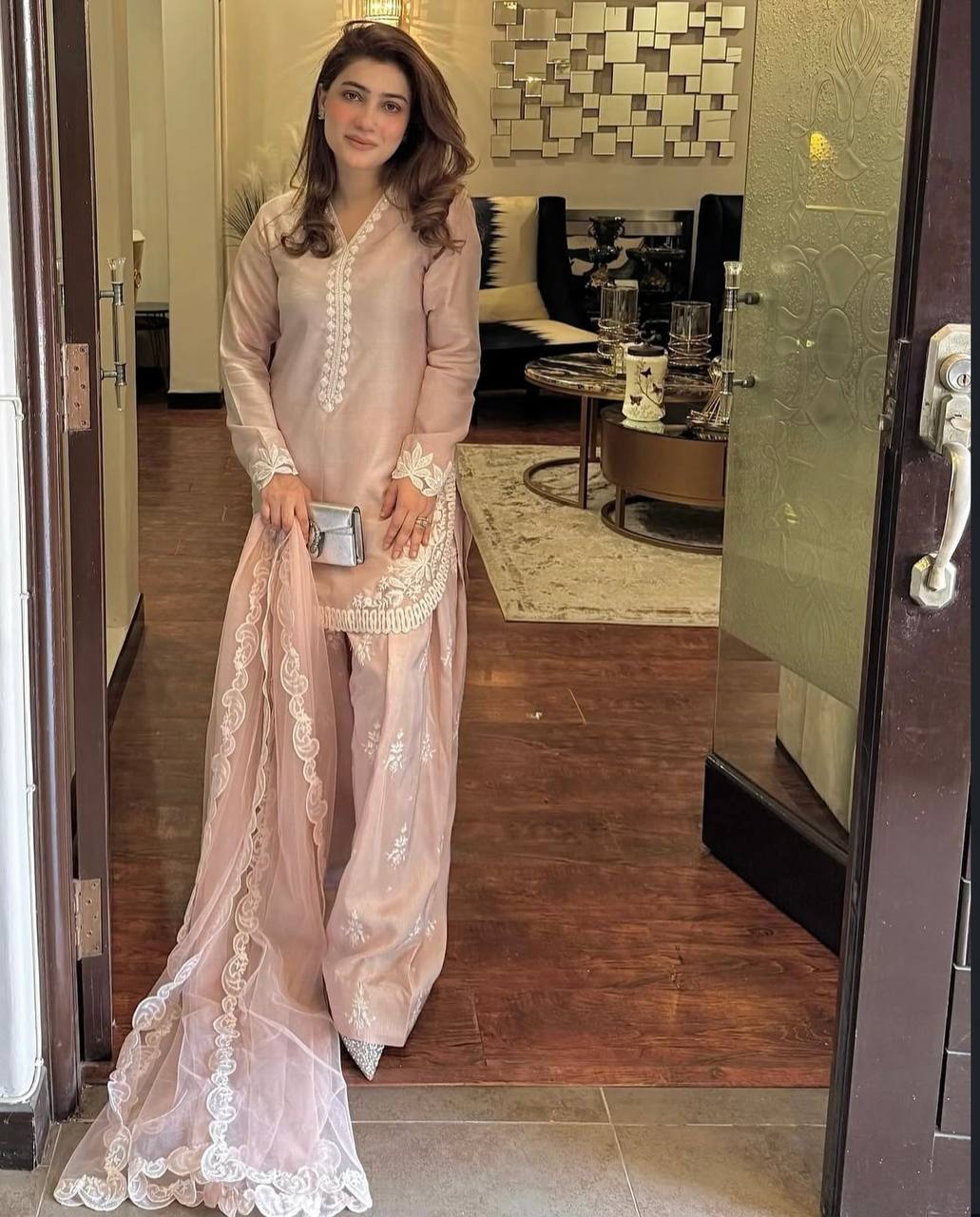 Light Pink Designer Natural Crepe Silk Top Farshi Pant and Dupatta