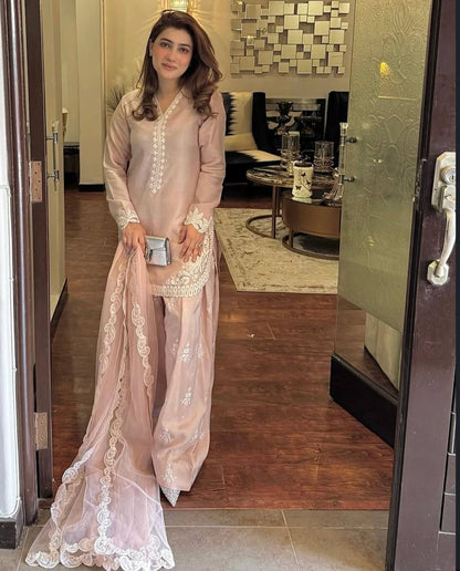 Light Pink Designer Natural Crepe Silk Top Farshi Pant and Dupatta