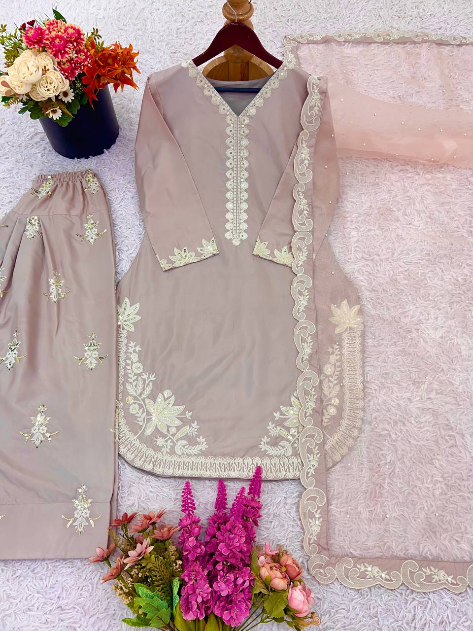 Light Pink Designer Natural Crepe Silk Top Farshi Pant and Dupatta