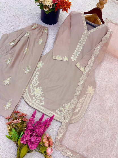 Light Pink Designer Natural Crepe Silk Top Farshi Pant and Dupatta