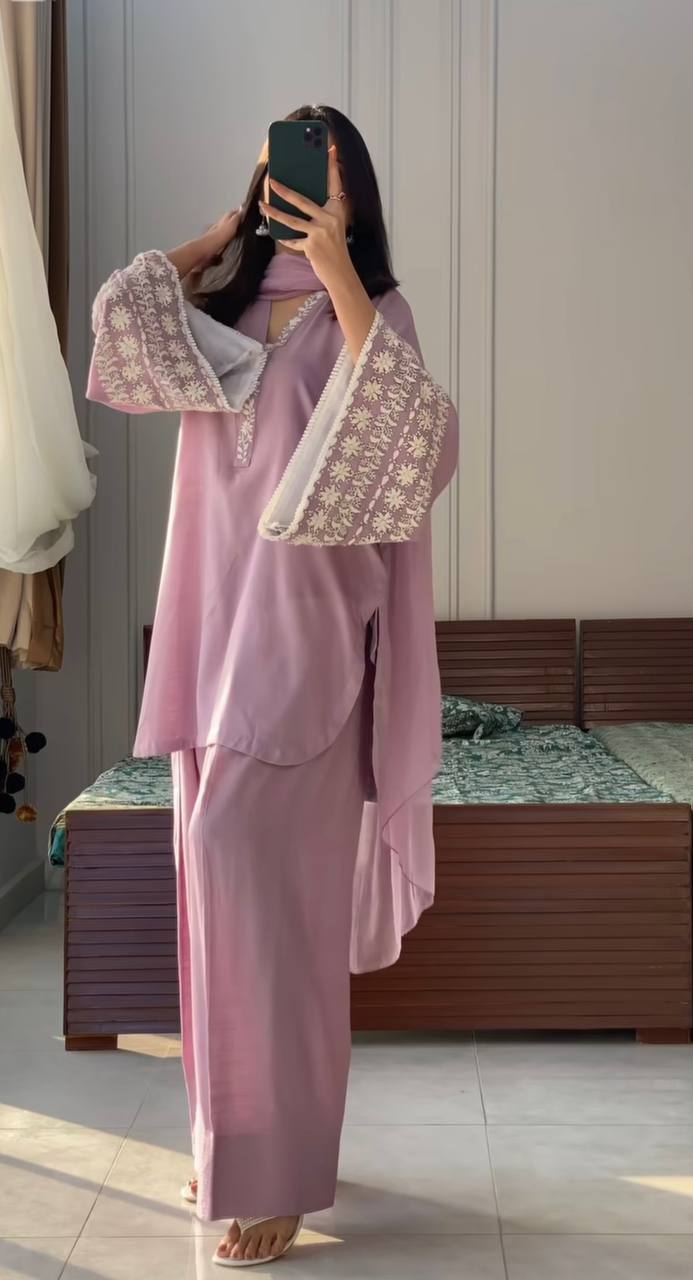 Light Pink Designer Natural Satin Farshi Plazzo and Dupatta For Party Wear