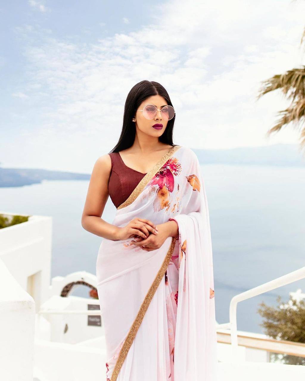 Light Pink Georgette Digital Print Saree with Lace Border Maroon Blouse