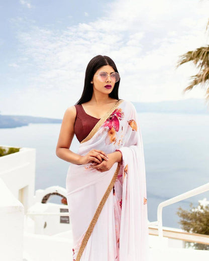 Light Pink Georgette Digital Print Saree with Lace Border Maroon Blouse