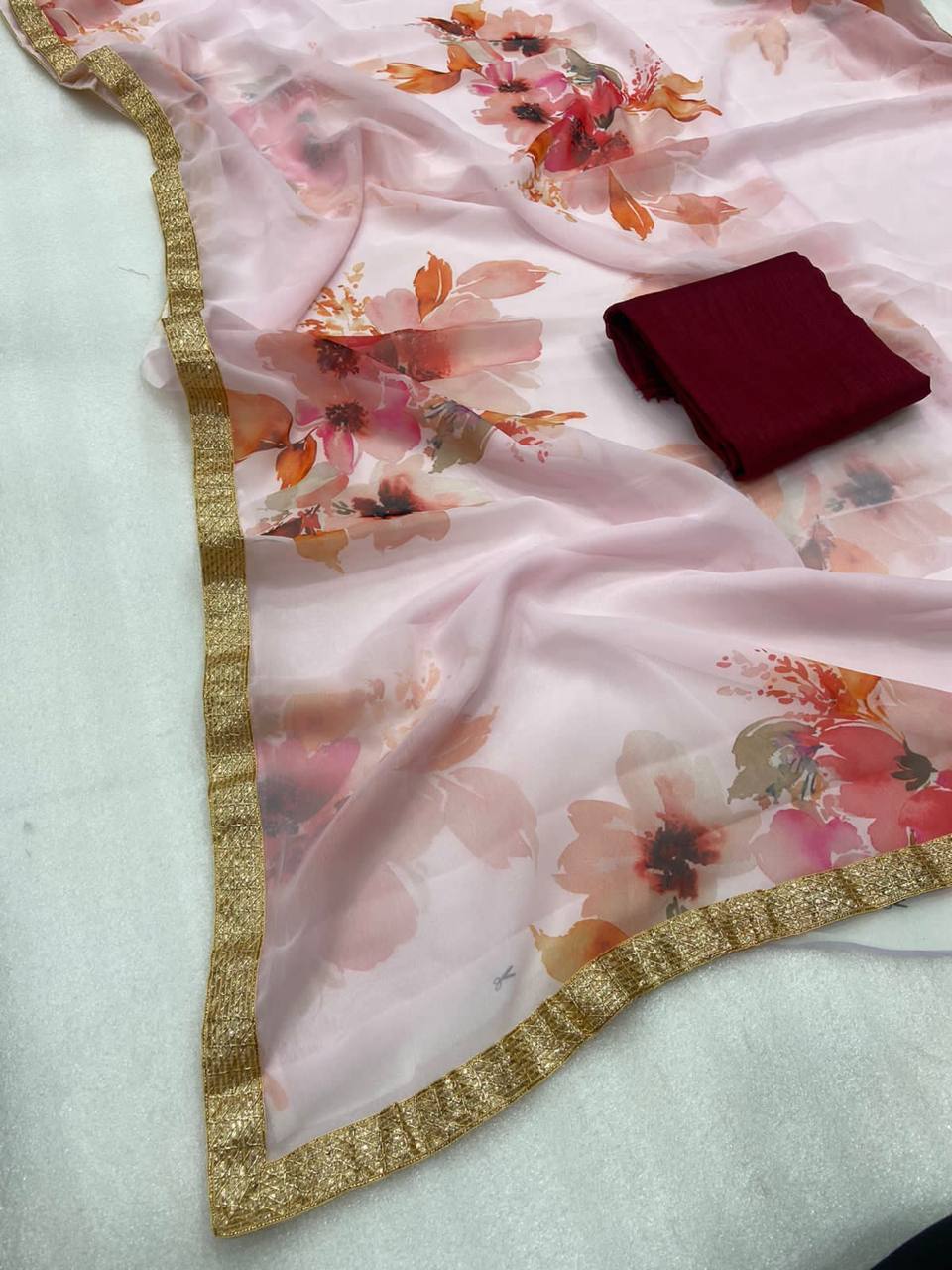 Light Pink Georgette Digital Print Saree with Lace Border Maroon Blouse