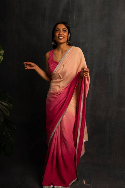 Light Pink Georgette Digital Print Saree with Sequins Work in Blouse 