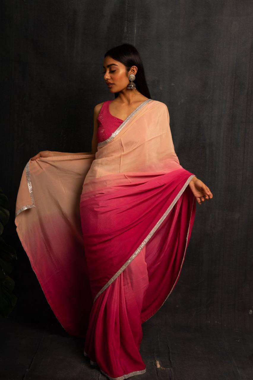 Light Pink Georgette Digital Print Saree with Sequins Work in Blouse 