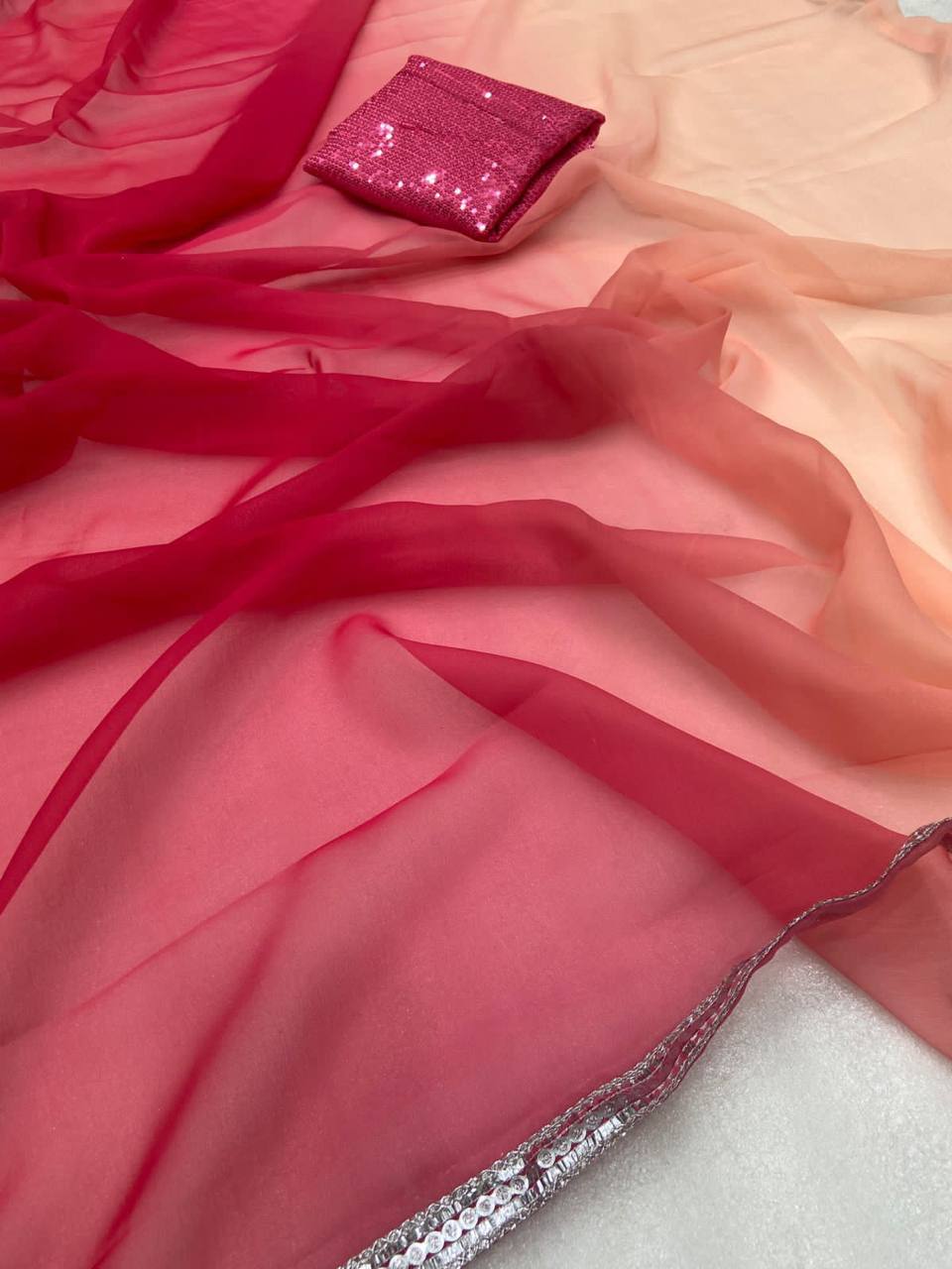 Light Pink Georgette Digital Print Saree with Sequins Work in Blouse 