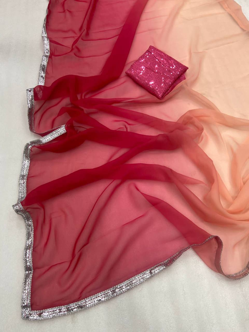 Light Pink Georgette Digital Print Saree with Sequins Work in Blouse 