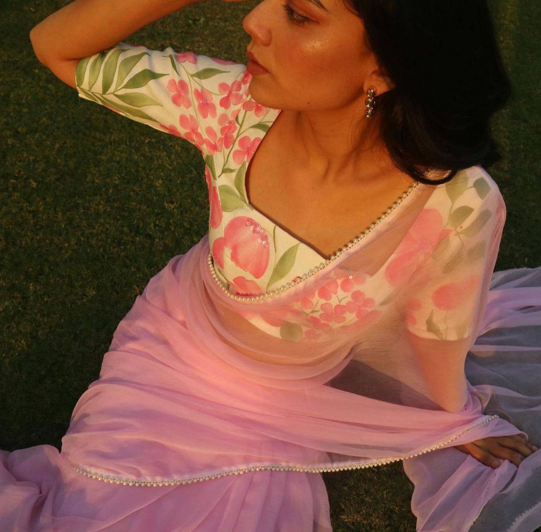 Light Pink Georgette Digital Printed Organza Saree with Designer Blouse 