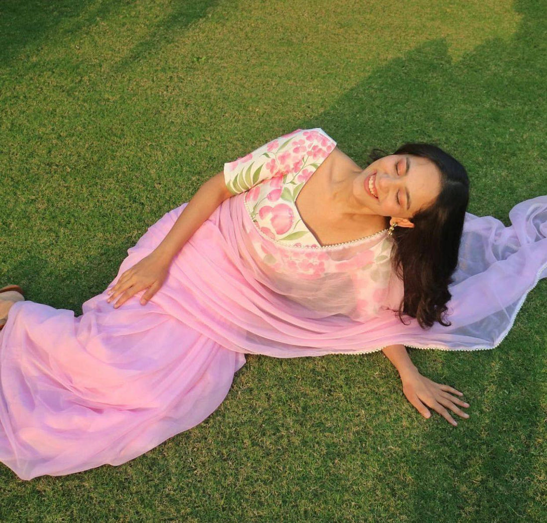 Light Pink Georgette Digital Printed Organza Saree with Designer Blouse 