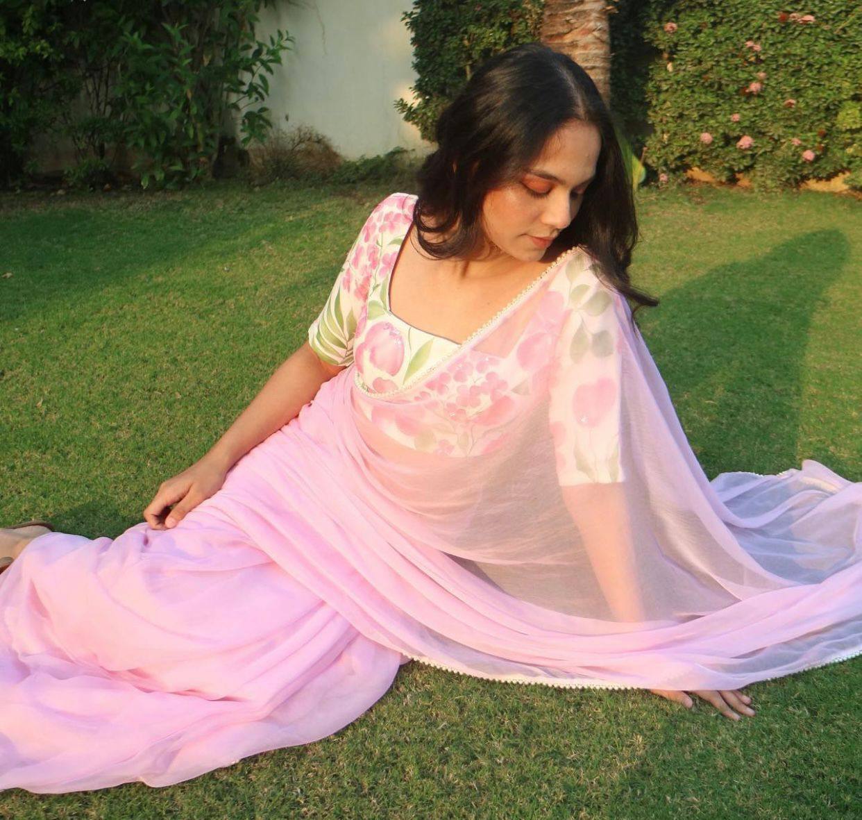 Light Pink Georgette Digital Printed Organza Saree with Designer Blouse 