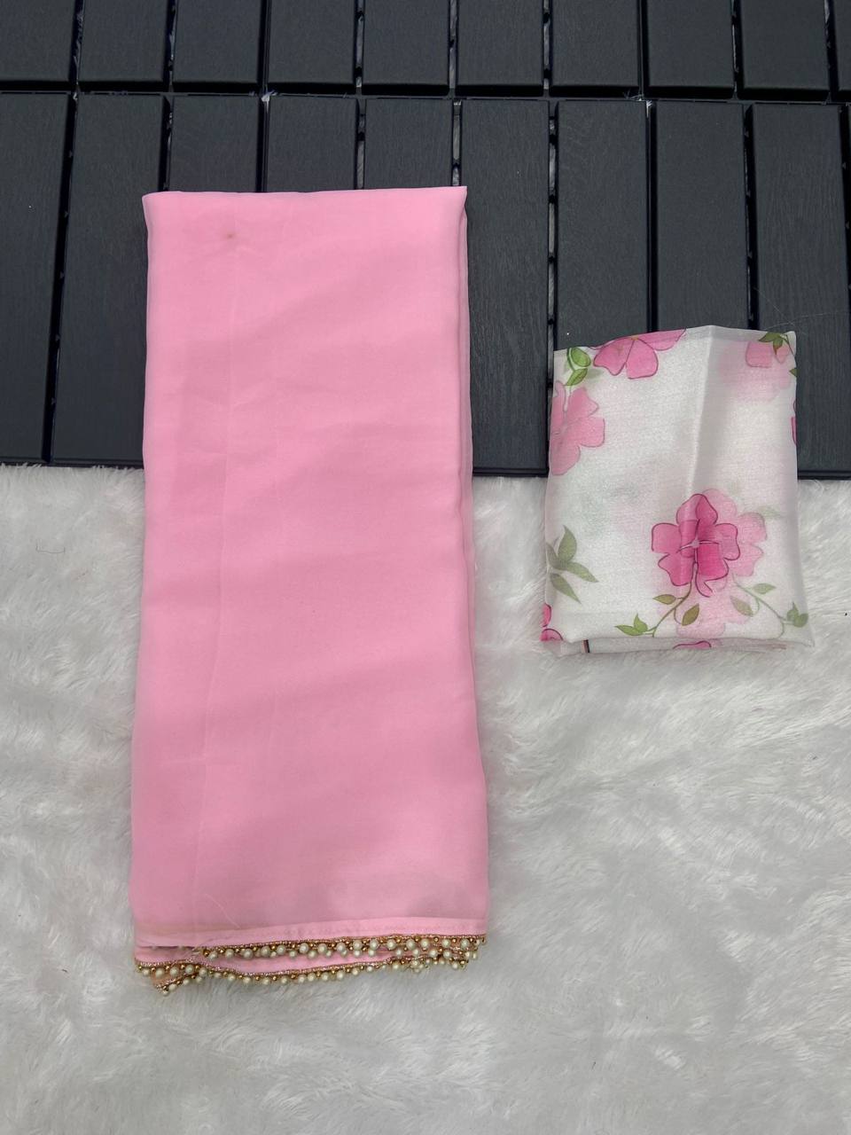 Light Pink Georgette Digital Printed Organza Saree with Designer Blouse 