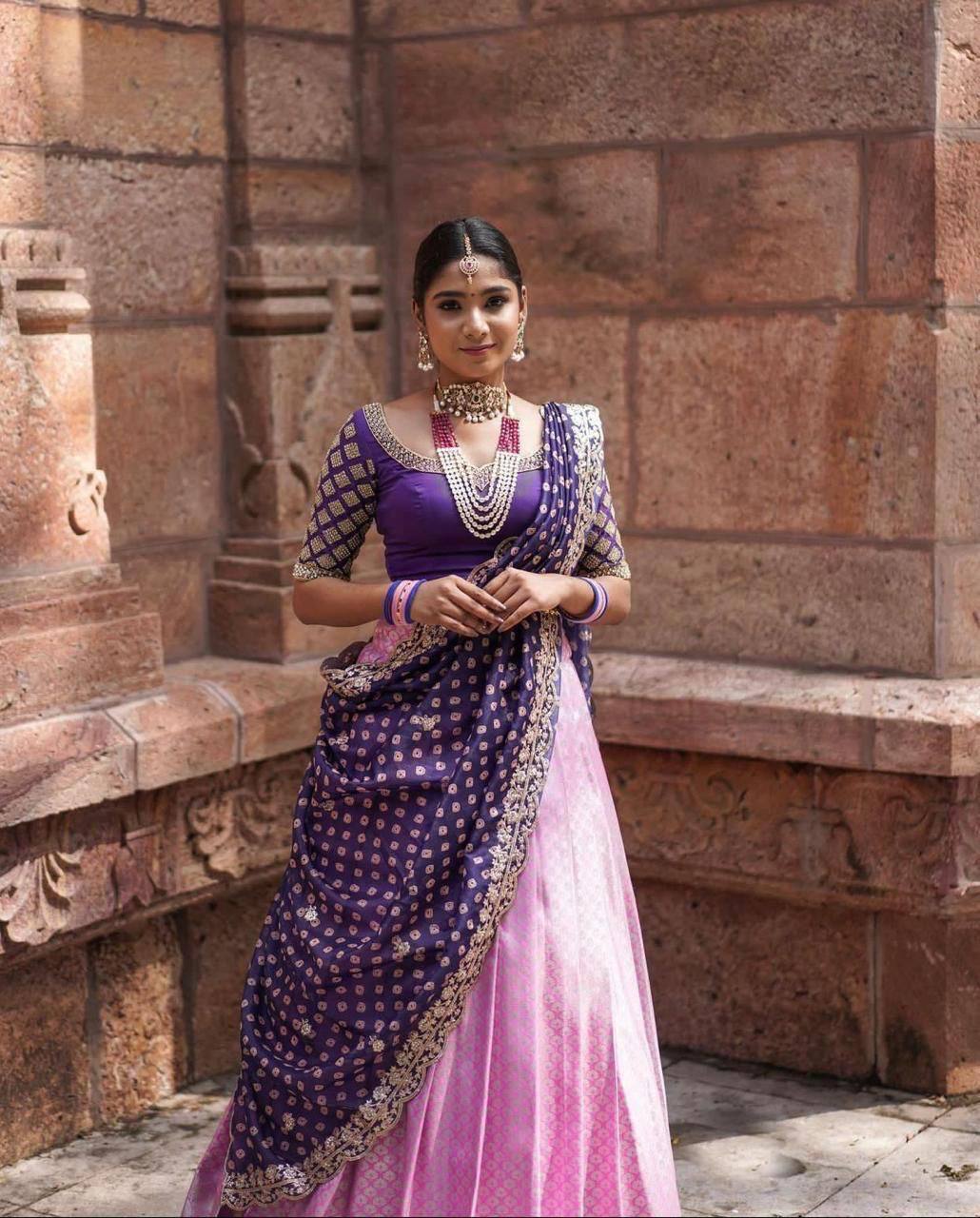 Light Pink Kanchipuram Silk Lehenga Choli with Zari Weaving Dupatta