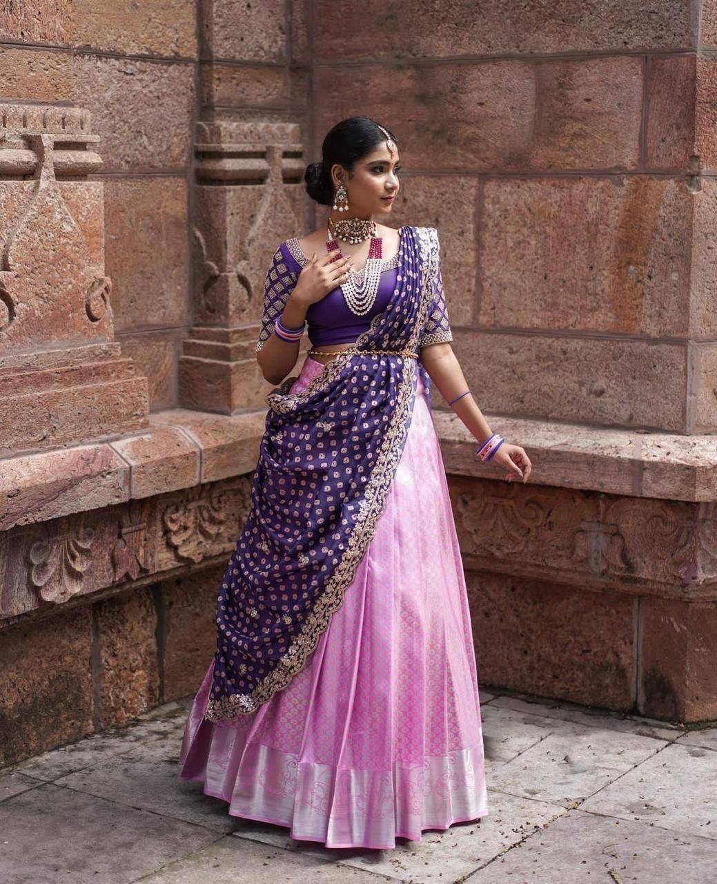 Light Pink Kanchipuram Silk Lehenga Choli with Zari Weaving Dupatta
