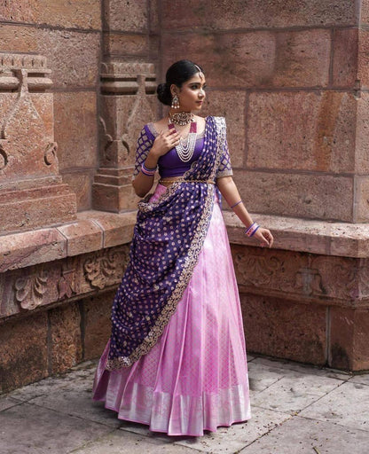 Light Pink Kanchipuram Silk Lehenga Choli with Zari Weaving Dupatta