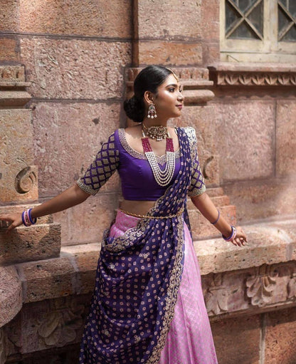 Light Pink Kanchipuram Silk Lehenga Choli with Zari Weaving Dupatta