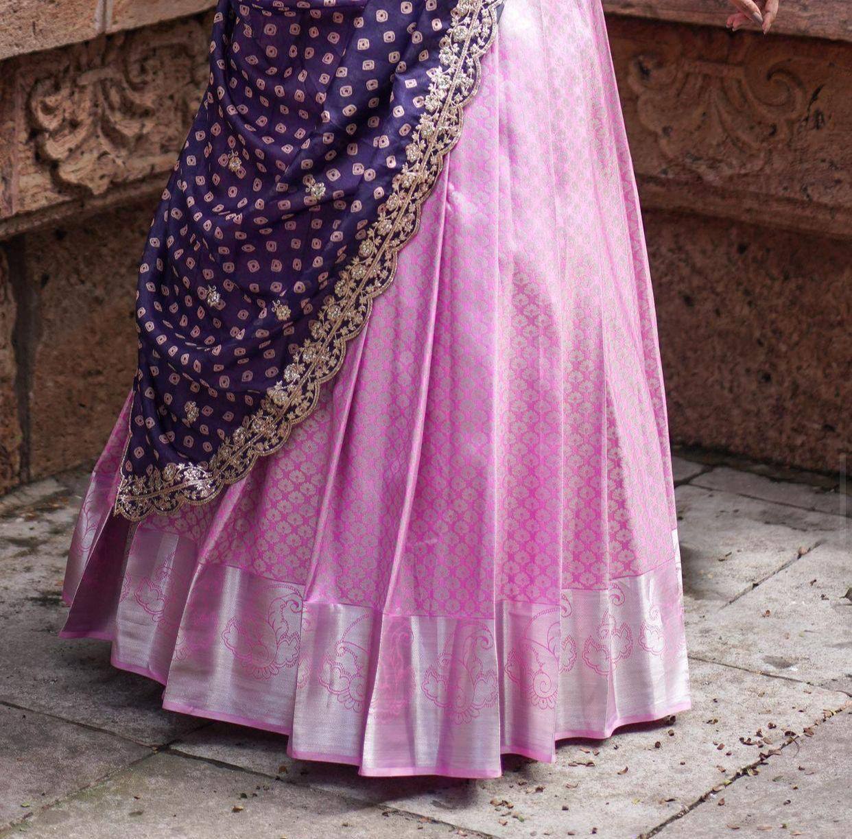 Light Pink Kanchipuram Silk Lehenga Choli with Zari Weaving Dupatta