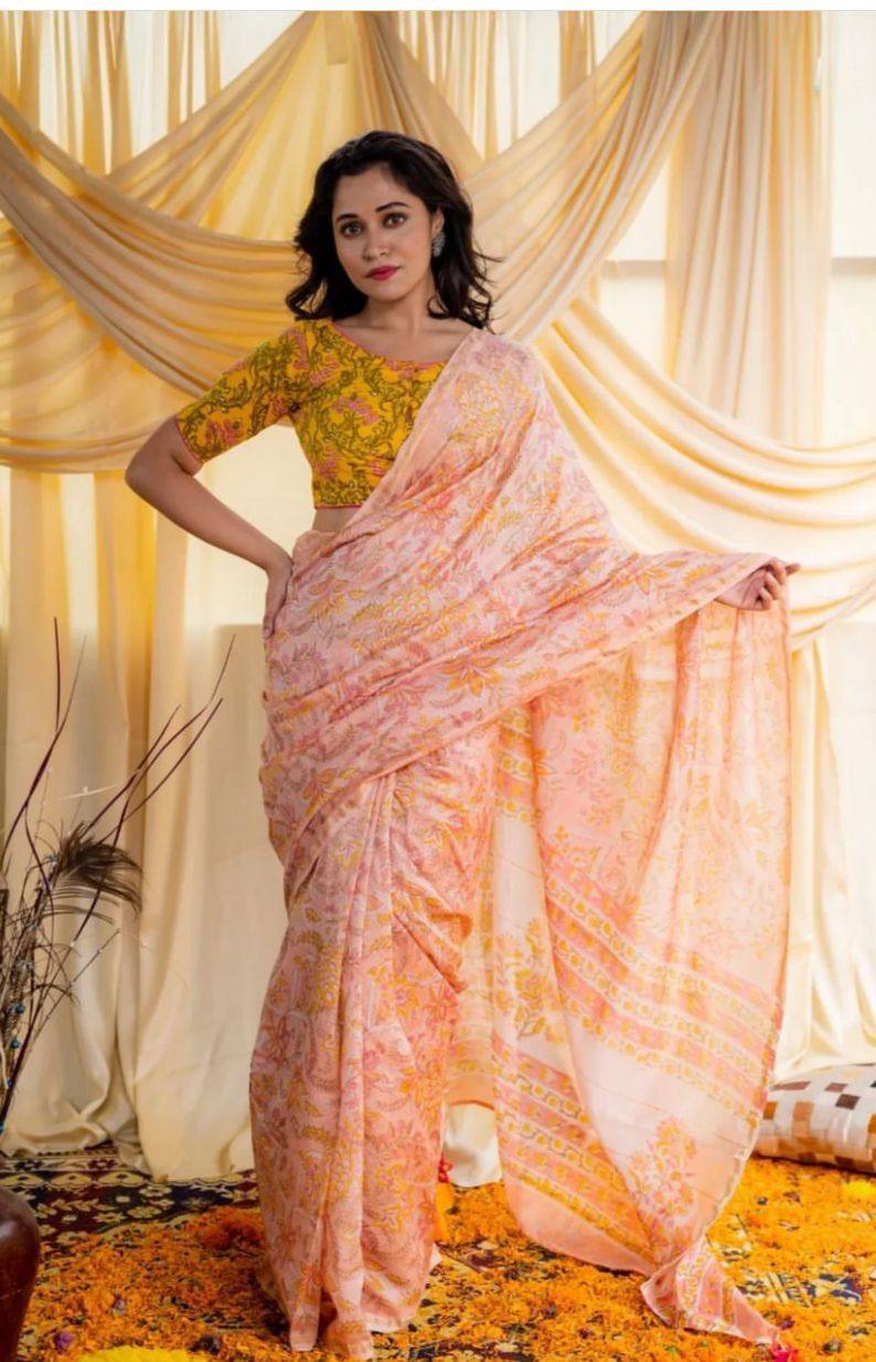 Light Pink Mulmul Cotton Digital Print Saree with mustard yellow Mulmul Blouse