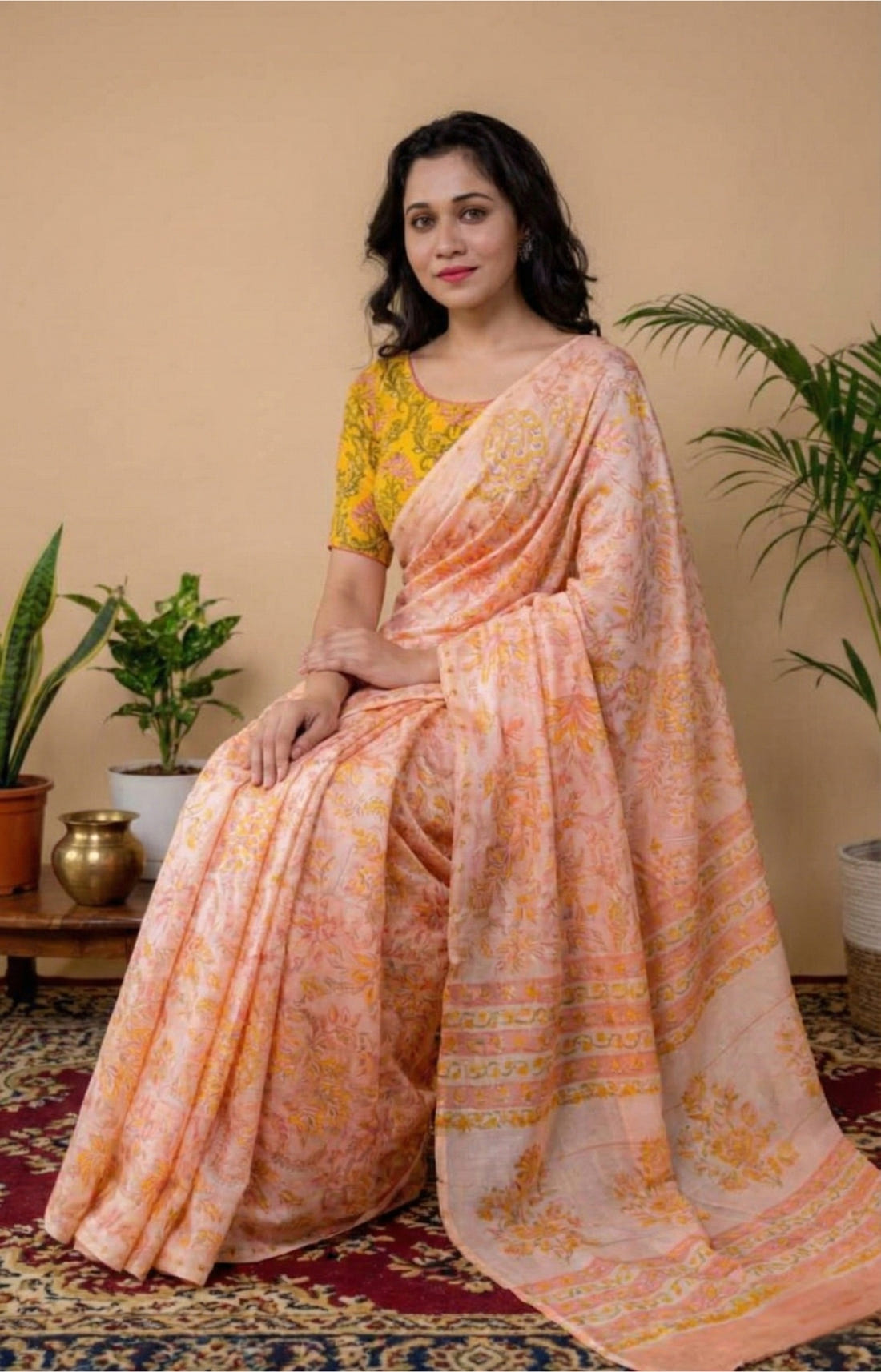 Light Pink Mulmul Cotton Digital Print Saree with mustard yellow Mulmul Blouse