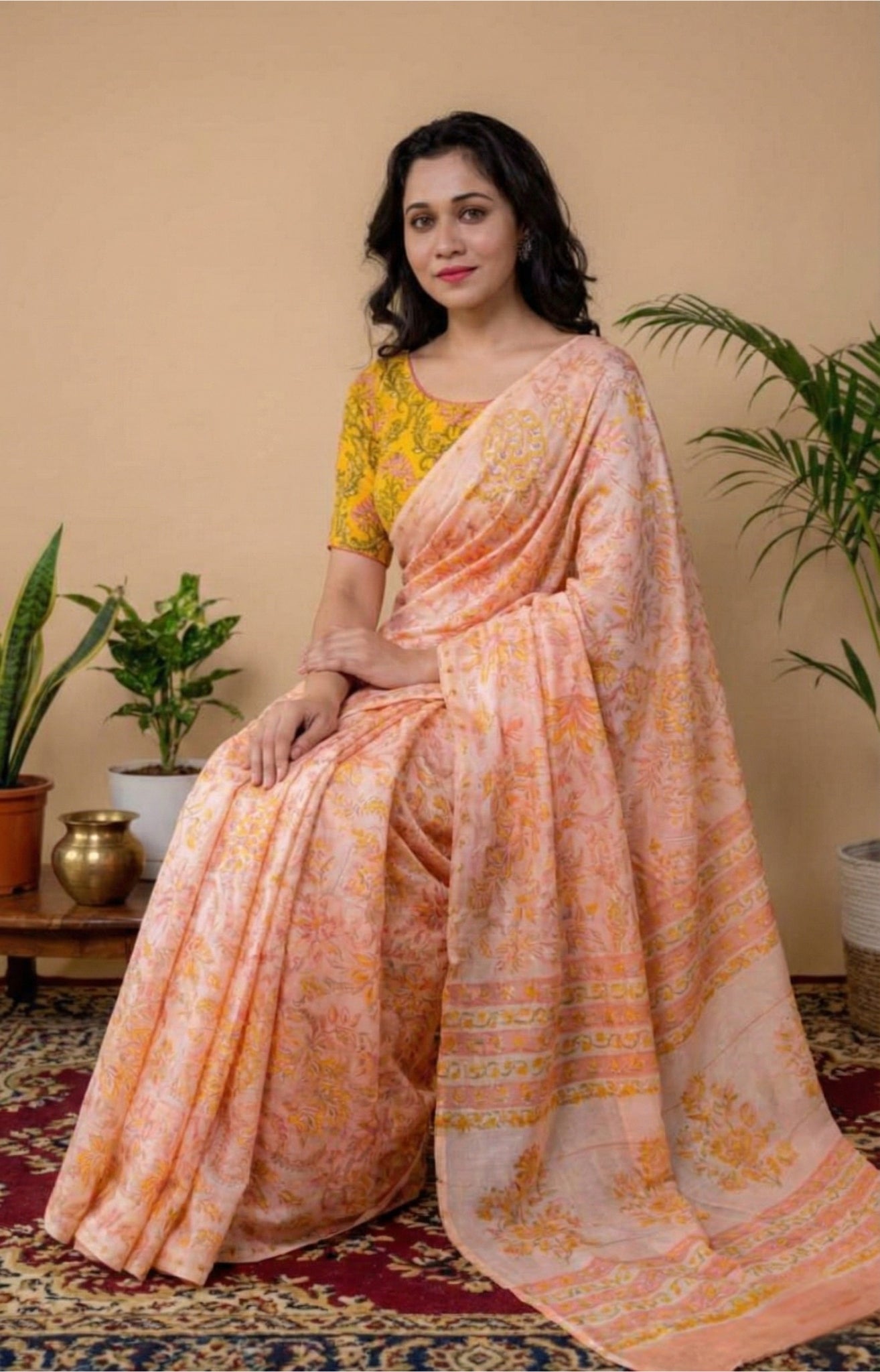 Light Pink Mulmul Cotton Digital Print Saree with mustard yellow Mulmul Blouse