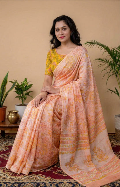 Light Pink Mulmul Cotton Digital Print Saree with mustard yellow Mulmul Blouse