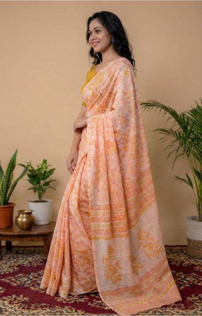 Light Pink Mulmul Cotton Digital Print Saree with mustard yellow Mulmul Blouse