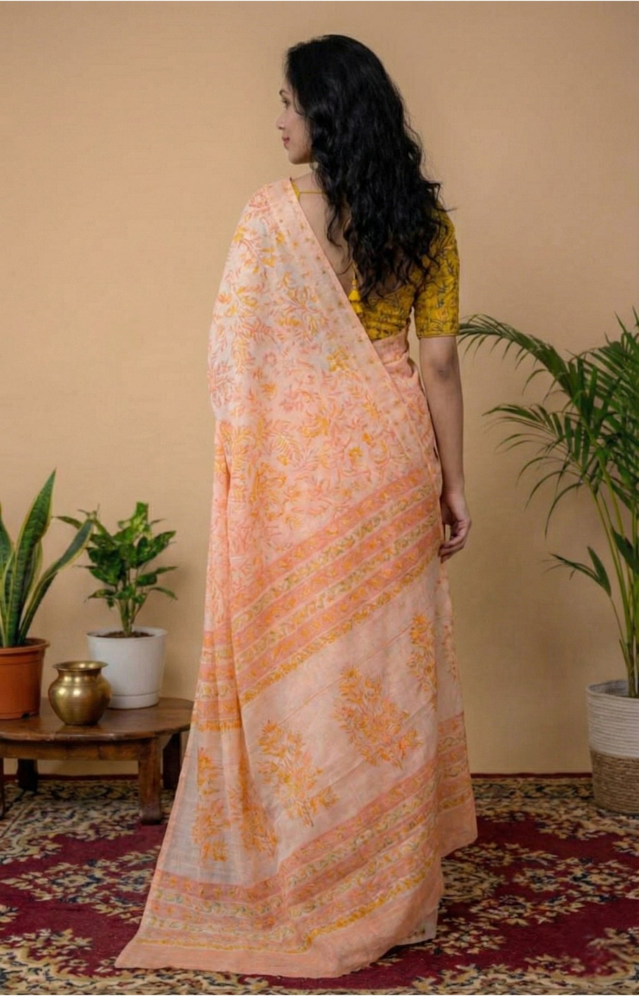 Light Pink Mulmul Cotton Digital Print Saree with mustard yellow Mulmul Blouse