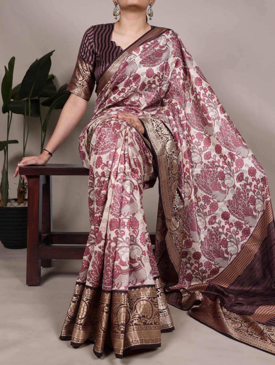 Light Pink Tasar Silk Printed Saree with Viscose Border Matching Blouse