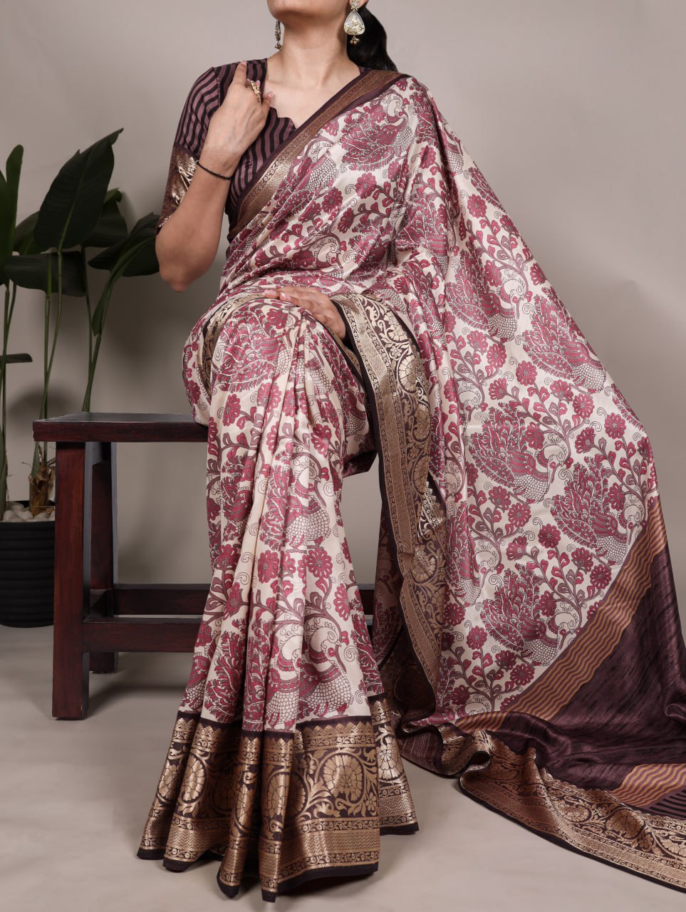 Light Pink Tasar Silk Printed Saree with Viscose Border Matching Blouse
