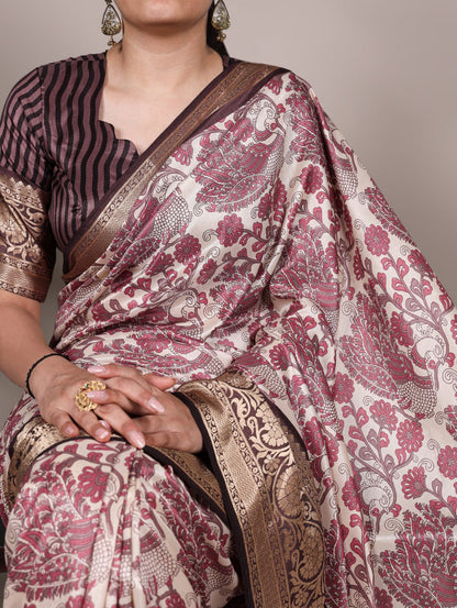 Light Pink Tasar Silk Printed Saree with Viscose Border Matching Blouse